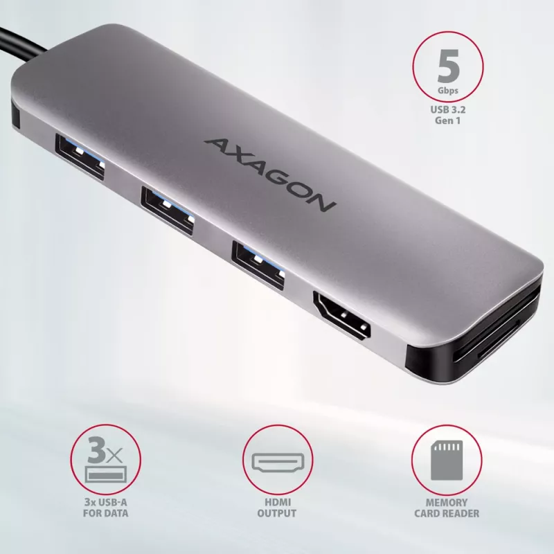 Axagon HMC-HCR3A 3x USB-A+ HDMI+ SD/microSD USB-C 3.2 Gen 1 hub 20cm Przewodowy USB 3.2 Gen 1 (3.1 Gen 1) Type-C Szary