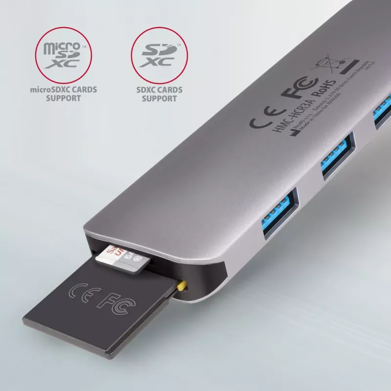 Axagon HMC-HCR3A 3x USB-A+ HDMI+ SD/microSD USB-C 3.2 Gen 1 hub 20cm Przewodowy USB 3.2 Gen 1 (3.1 Gen 1) Type-C Szary