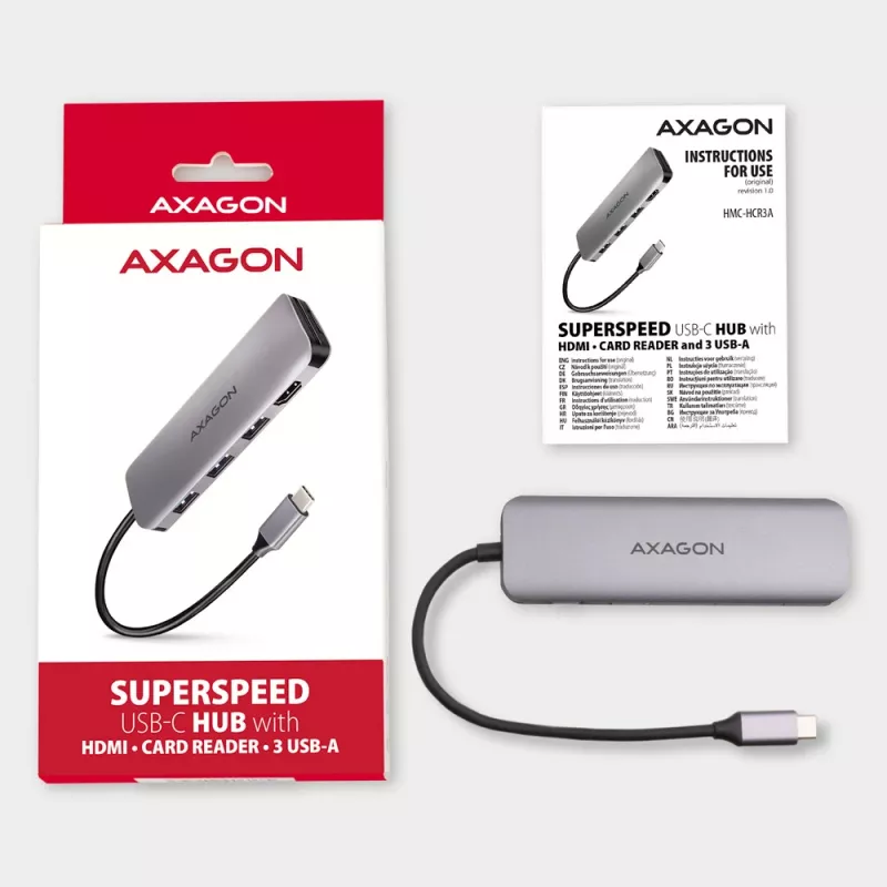 Axagon HMC-HCR3A 3x USB-A+ HDMI+ SD/microSD USB-C 3.2 Gen 1 hub 20cm Przewodowy USB 3.2 Gen 1 (3.1 Gen 1) Type-C Szary