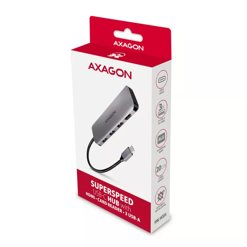 Axagon HMC-HCR3A 3x USB-A+ HDMI+ SD/microSD USB-C 3.2 Gen 1 hub 20cm Przewodowy USB 3.2 Gen 1 (3.1 Gen 1) Type-C Szary