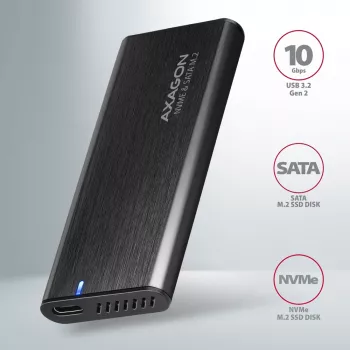 Axagon EEM2-SB2 Zewnętrzna metalowa obudowa USB-C 3.2 Gen 2 na dyski M.2 NVMe i SATA SSD. Bezśrubowa
