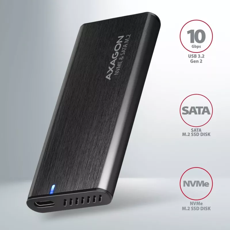 Axagon EEM2-SB2 Zewnętrzna metalowa obudowa USB-C 3.2 Gen 2 na dyski M.2 NVMe i SATA SSD. Bezśrubowa