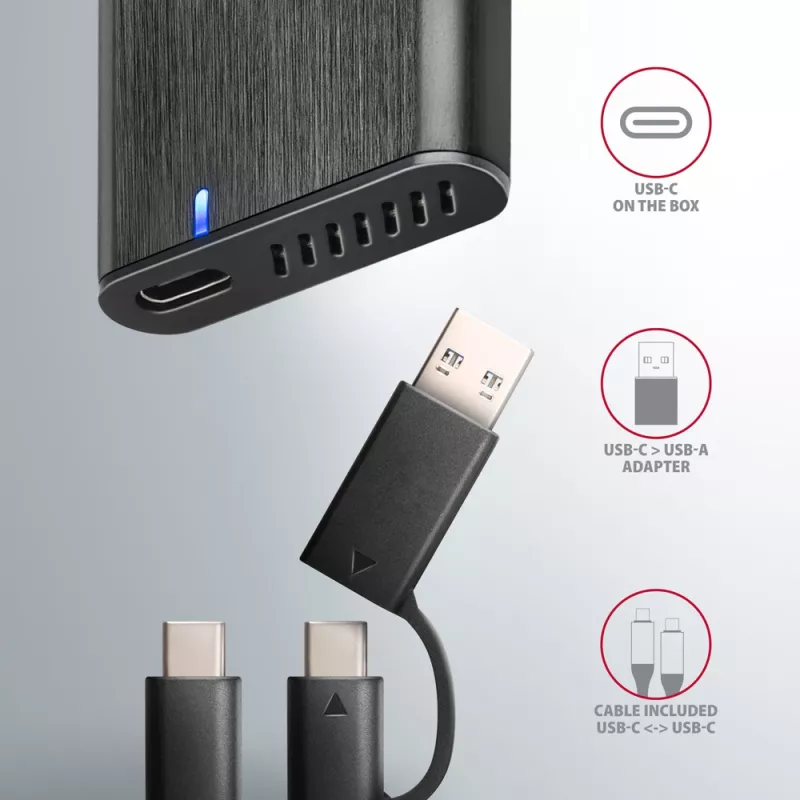 Axagon EEM2-SB2 Zewnętrzna metalowa obudowa USB-C 3.2 Gen 2 na dyski M.2 NVMe i SATA SSD. Bezśrubowa