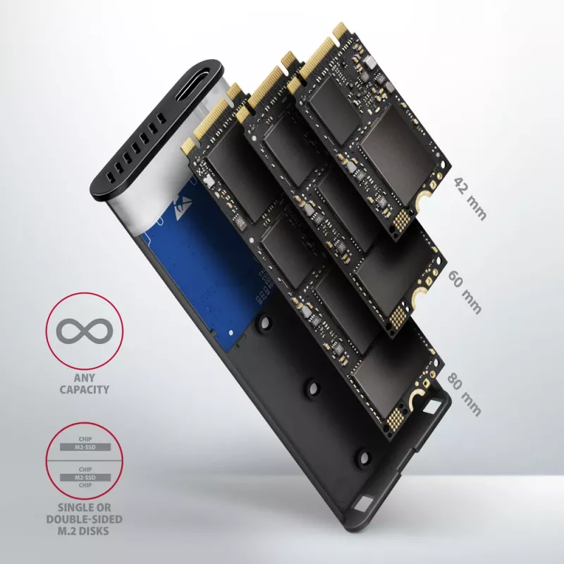 Axagon EEM2-SB2 Zewnętrzna metalowa obudowa USB-C 3.2 Gen 2 na dyski M.2 NVMe i SATA SSD. Bezśrubowa