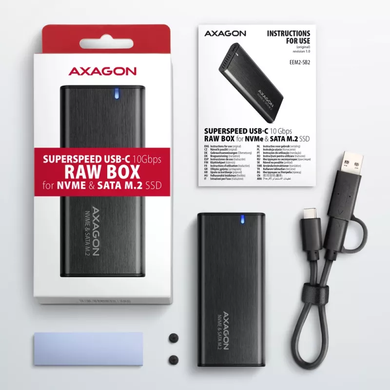 Axagon EEM2-SB2 Zewnętrzna metalowa obudowa USB-C 3.2 Gen 2 na dyski M.2 NVMe i SATA SSD. Bezśrubowa