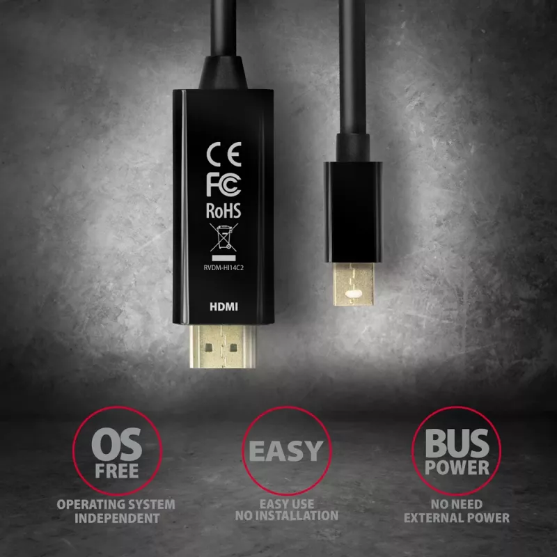 Przewód adaptera Axagon RVDM-HI14C2 Mini DisplayPort na HDMI 4K 30Hz 1,8m
