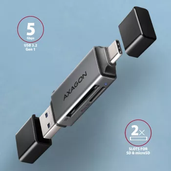 Axagon CRE-DAC USB-C+ USB-A 5 Gbps MINI 2 gniazda i LUN czytnik kart SD/microSD USB 3.0 Type-A/Type-C Szary