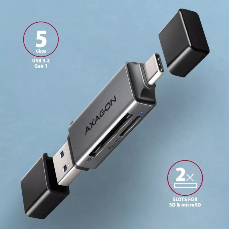 Axagon CRE-DAC USB-C+ USB-A 5 Gbps MINI 2 gniazda i LUN czytnik kart SD/microSD USB 3.0 Type-A/Type-C Szary