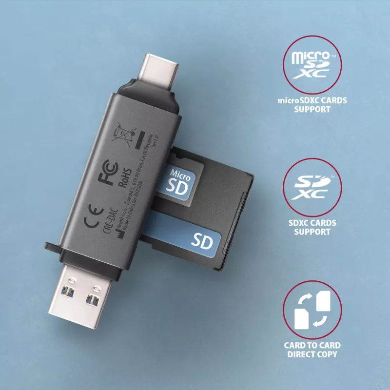 Axagon CRE-DAC USB-C+ USB-A 5 Gbps MINI 2 gniazda i LUN czytnik kart SD/microSD USB 3.0 Type-A/Type-C Szary