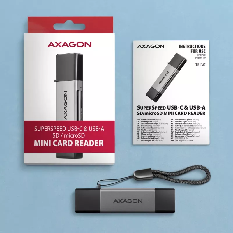 Axagon CRE-DAC USB-C+ USB-A 5 Gbps MINI 2 gniazda i LUN czytnik kart SD/microSD USB 3.0 Type-A/Type-C Szary