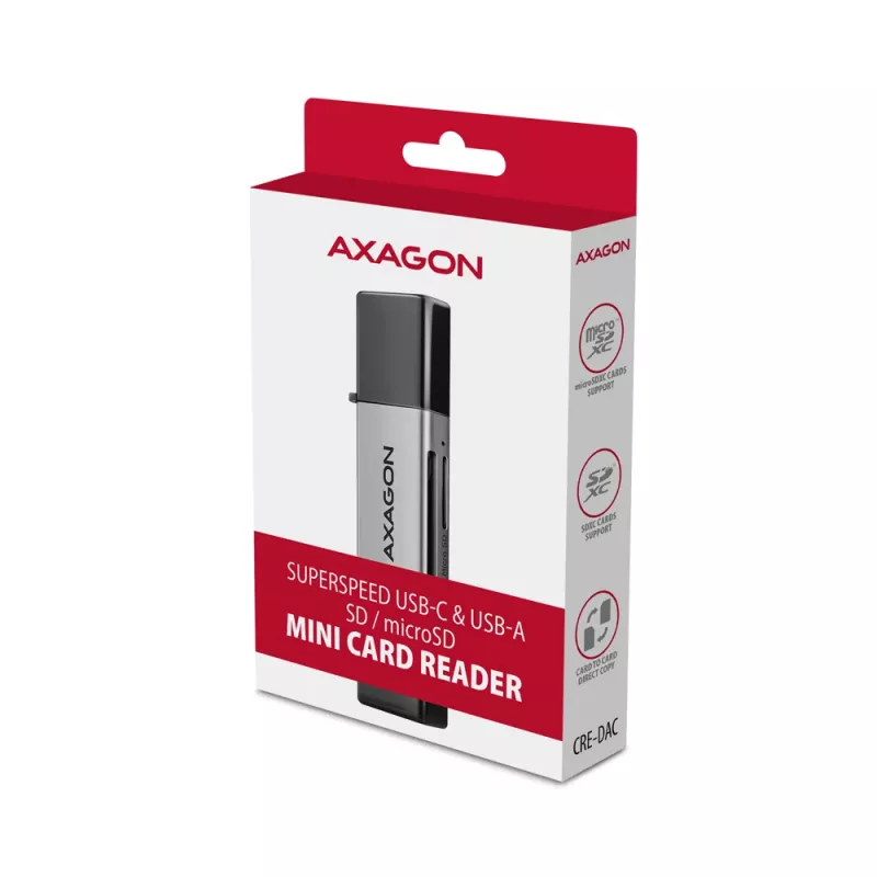 Axagon CRE-DAC USB-C+ USB-A 5 Gbps MINI 2 gniazda i LUN czytnik kart SD/microSD USB 3.0 Type-A/Type-C Szary