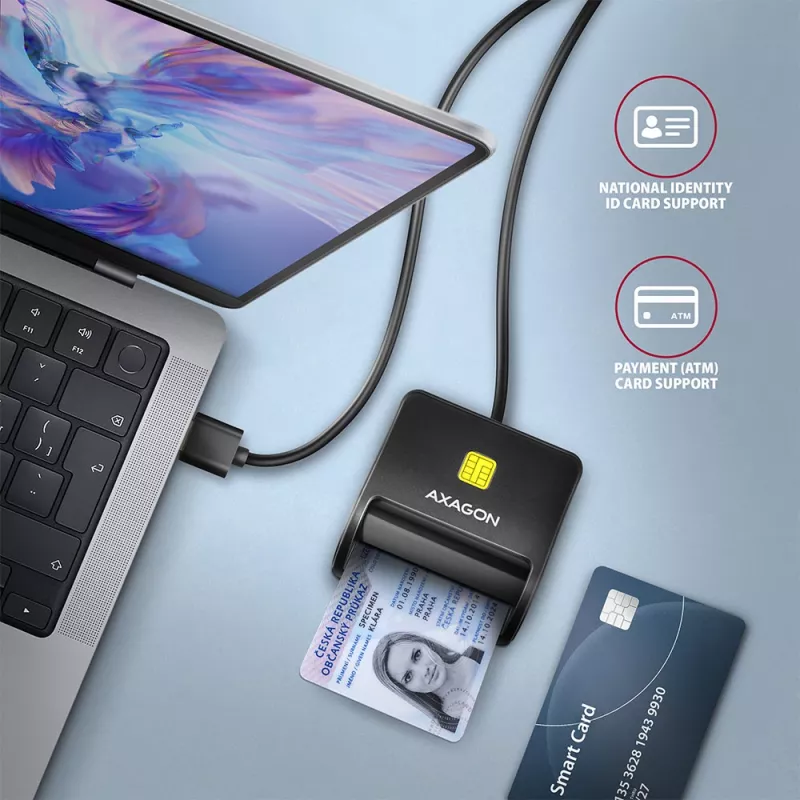 Axagon CRE-SM3N USB-A Czytnik kart inteligentnych/dowodów osobistych FlatReader, USB 2.0, 1,3 m, Czarny, 57 g