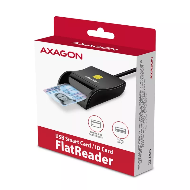 Axagon CRE-SM3N USB-A Czytnik kart inteligentnych/dowodów osobistych FlatReader, USB 2.0, 1,3 m, Czarny, 57 g