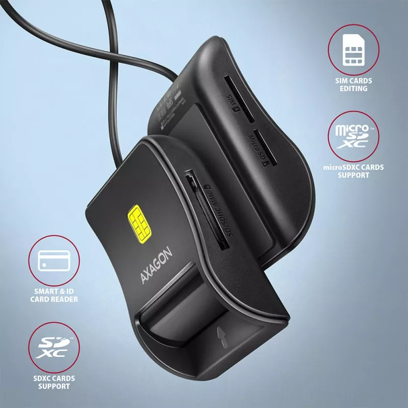 Axagon CRE-SM3SD USB Czytnik kart inteligentnych & SD/microSD/SIM Płaski czytnik kart inteligentnych Wewnętrzny USB 2.0 Czarny