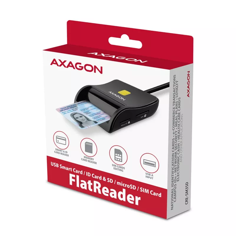 Axagon CRE-SM3SD USB Czytnik kart inteligentnych & SD/microSD/SIM Płaski czytnik kart inteligentnych Wewnętrzny USB 2.0 Czarny