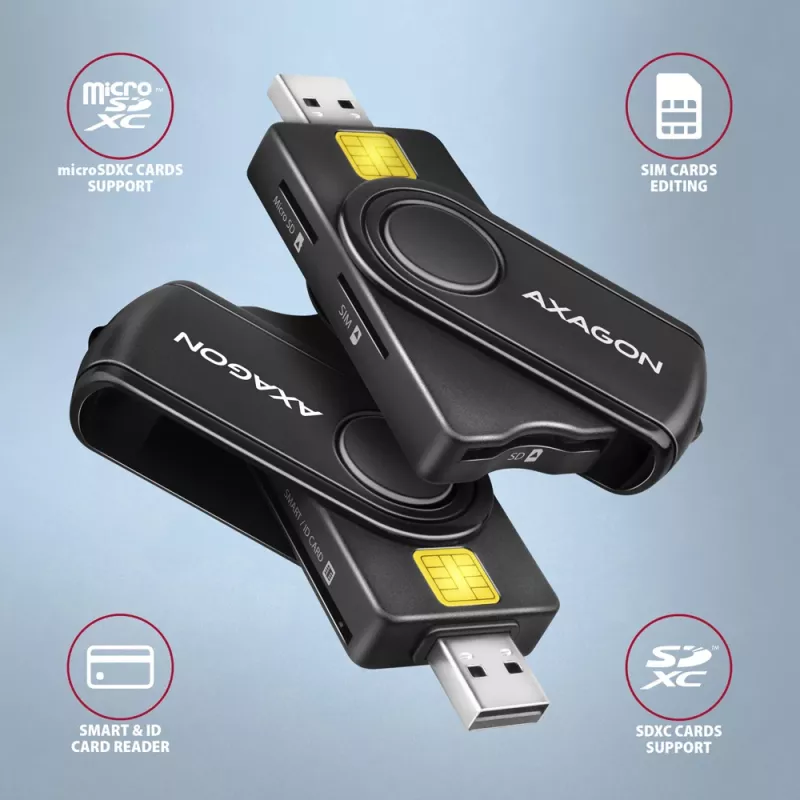 Axagon CRE-SMP2A USB Smart card & SD/microSD/SIM PocketReader czytnik kart inteligentnych Wewnętrzny USB Type-A/USB Type-C Czarny