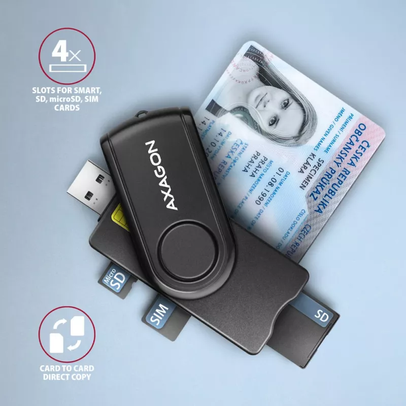Axagon CRE-SMP2A USB Smart card & SD/microSD/SIM PocketReader czytnik kart inteligentnych Wewnętrzny USB Type-A/USB Type-C Czarny