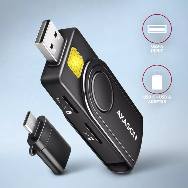 Axagon CRE-SMP2A USB Smart card & SD/microSD/SIM PocketReader czytnik kart inteligentnych Wewnętrzny USB Type-A/USB Type-C Czarny