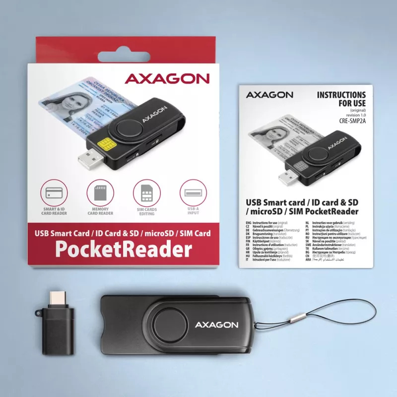 Axagon CRE-SMP2A USB Smart card & SD/microSD/SIM PocketReader czytnik kart inteligentnych Wewnętrzny USB Type-A/USB Type-C Czarny