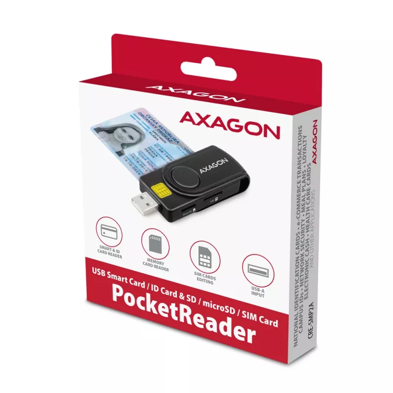 Axagon CRE-SMP2A USB Smart card & SD/microSD/SIM PocketReader czytnik kart inteligentnych Wewnętrzny USB Type-A/USB Type-C Czarny