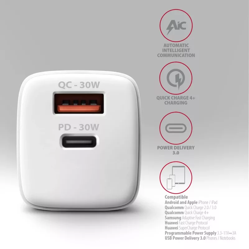 Ładowarka Axagon ACU-PQ30W QC3.0 30W USB-C Biała