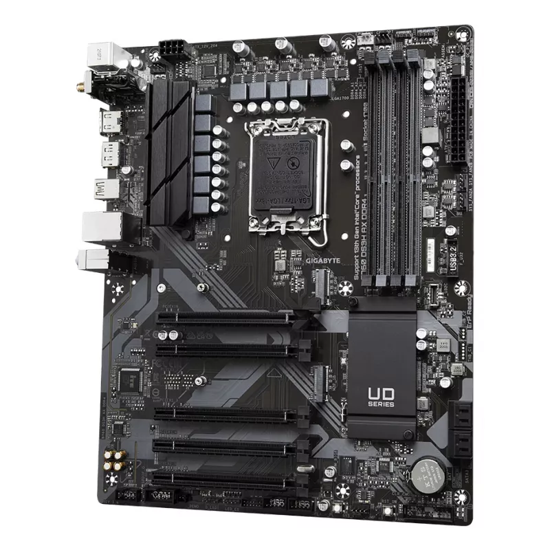 Płyta główna GIGABYTE B760 DS3H AX DDR4 - obsługuje procesory Intel Core 14. generacji, 8+2+1 faz cyfrowy VRM, do 5333 MHz DDR4 (OC), 2xPCIe 4.0 M.2, Wi-Fi 6E, GbE LAN, USB 3.2 Gen 2