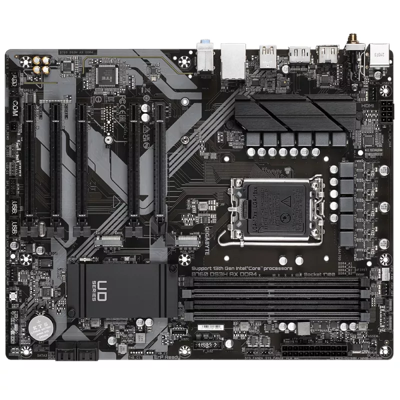 Płyta główna GIGABYTE B760 DS3H AX DDR4 - obsługuje procesory Intel Core 14. generacji, 8+2+1 faz cyfrowy VRM, do 5333 MHz DDR4 (OC), 2xPCIe 4.0 M.2, Wi-Fi 6E, GbE LAN, USB 3.2 Gen 2