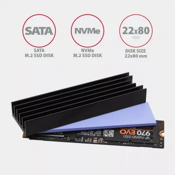 Axagon CLR-M2L10 Pasywny radiator aluminiowy do wszystkich dysków SSD M.2, rozmiar 2280, wysokość 10 mm.