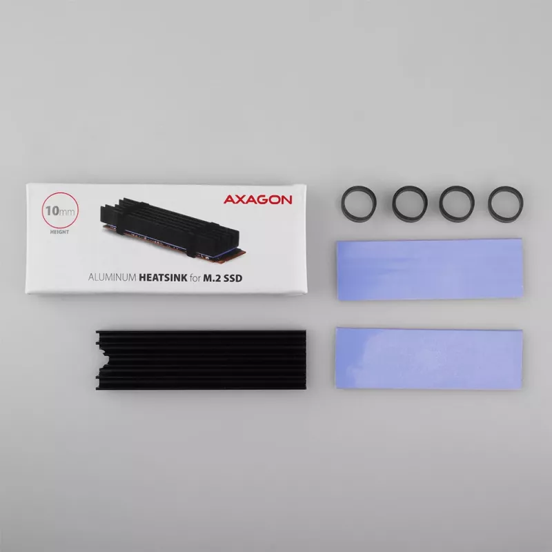 Axagon CLR-M2L10 Pasywny radiator aluminiowy do wszystkich dysków SSD M.2, rozmiar 2280, wysokość 10 mm.