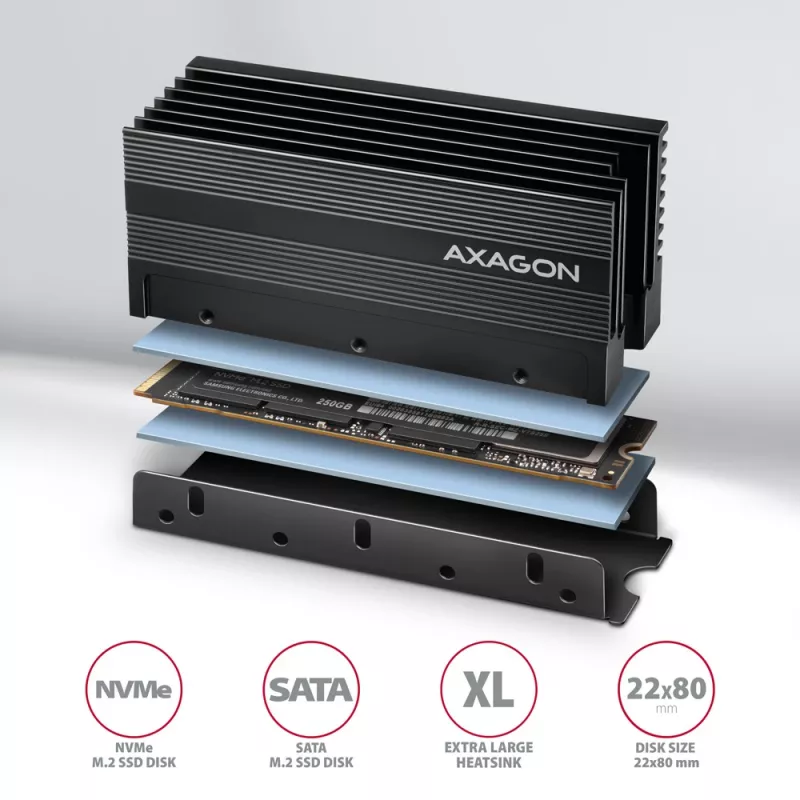 Axagon CLR-M2XL Pasywny aluminiowy radiator dla jednostronnych i dwustronnych dysków M.2 SSD, rozmiar 2280, wysokość 36 mm
