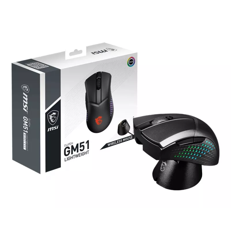 Mysz gamingowa MSI CLUTCH GM51 LIGHTWEIGHT WIRELESS, praworęczna, RF + Bluetooth + USB Type-C, optyczna, 26000 DPI