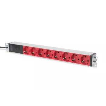 DIGITUS 1U Aluminiowy PDU, do montażu w szafie rack, wtyczka 10 A, 250 V AC 50/60 Hz, 8x gniazd CEE 7/7 (typ F) z zabezpieczeniem wstępnym, wtyczka IEC C14