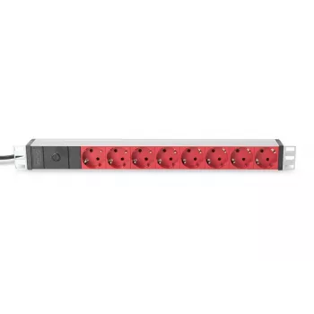 DIGITUS 1U Aluminiowy PDU, do montażu w szafie rack, wtyczka 10 A, 250 V AC 50/60 Hz, 8x gniazd CEE 7/7 (typ F) z zabezpieczeniem wstępnym, wtyczka IEC C14