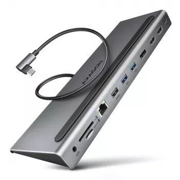 Stacja dokująca Axagon HMC-4KX3 USB-C 5Gbps hub, 3x USB-A, 2x HDMI, DP, RJ-45, SD/microSD, audio, PD 100W, kabel 40cm