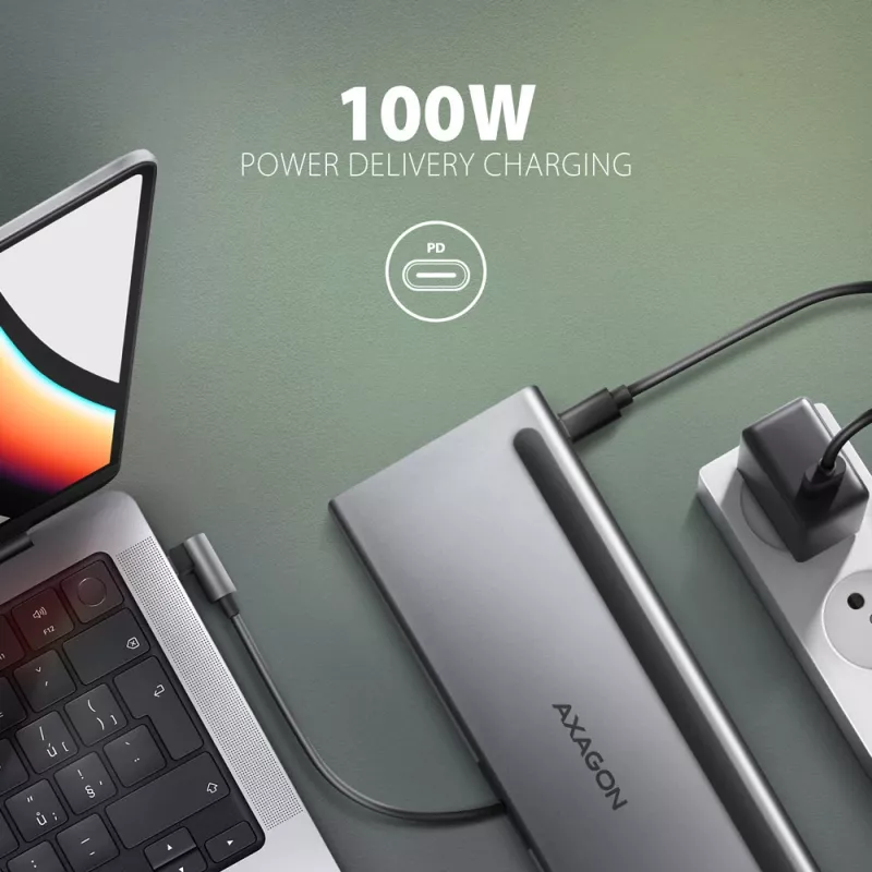 Stacja dokująca Axagon HMC-4KX3 USB-C 5Gbps hub, 3x USB-A, 2x HDMI, DP, RJ-45, SD/microSD, audio, PD 100W, kabel 40cm