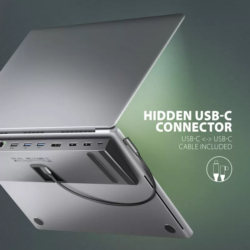 Stacja dokująca Axagon HMC-4KX3 USB-C 5Gbps hub, 3x USB-A, 2x HDMI, DP, RJ-45, SD/microSD, audio, PD 100W, kabel 40cm