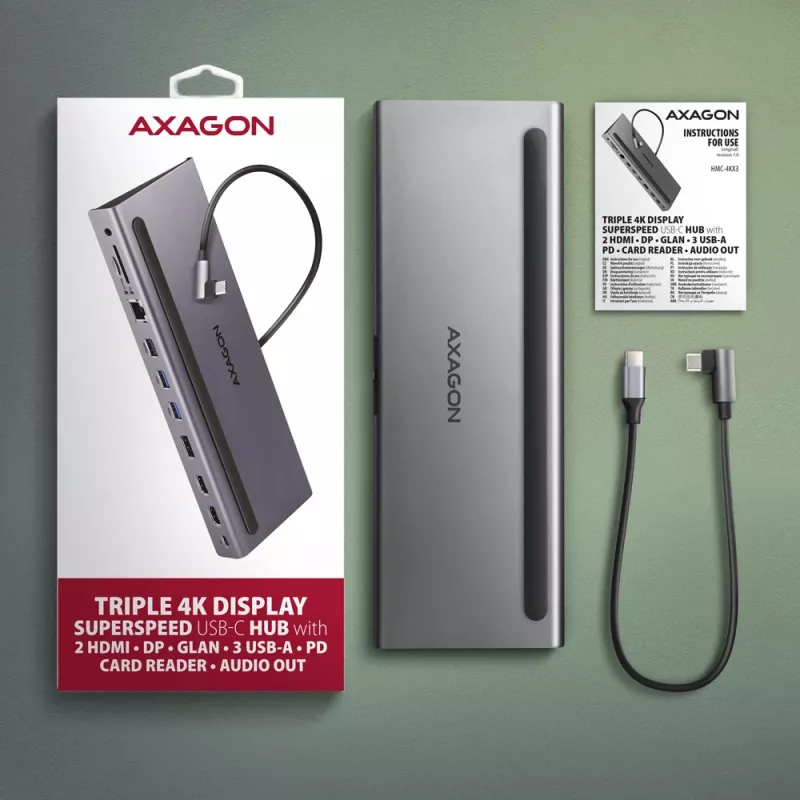 Stacja dokująca Axagon HMC-4KX3 USB-C 5Gbps hub, 3x USB-A, 2x HDMI, DP, RJ-45, SD/microSD, audio, PD 100W, kabel 40cm