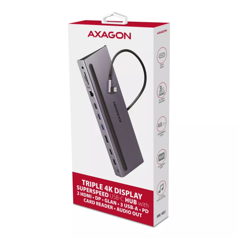 Stacja dokująca Axagon HMC-4KX3 USB-C 5Gbps hub, 3x USB-A, 2x HDMI, DP, RJ-45, SD/microSD, audio, PD 100W, kabel 40cm