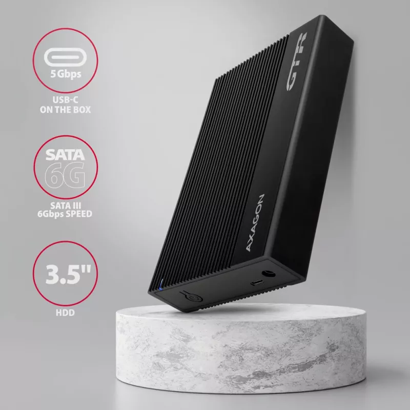 Axagon EE35-GTR USB-C 5Gbps - SATA 6G, 3.5 RIBBED box BLACK - USB Typ C HDD enclosure 3.5 inch