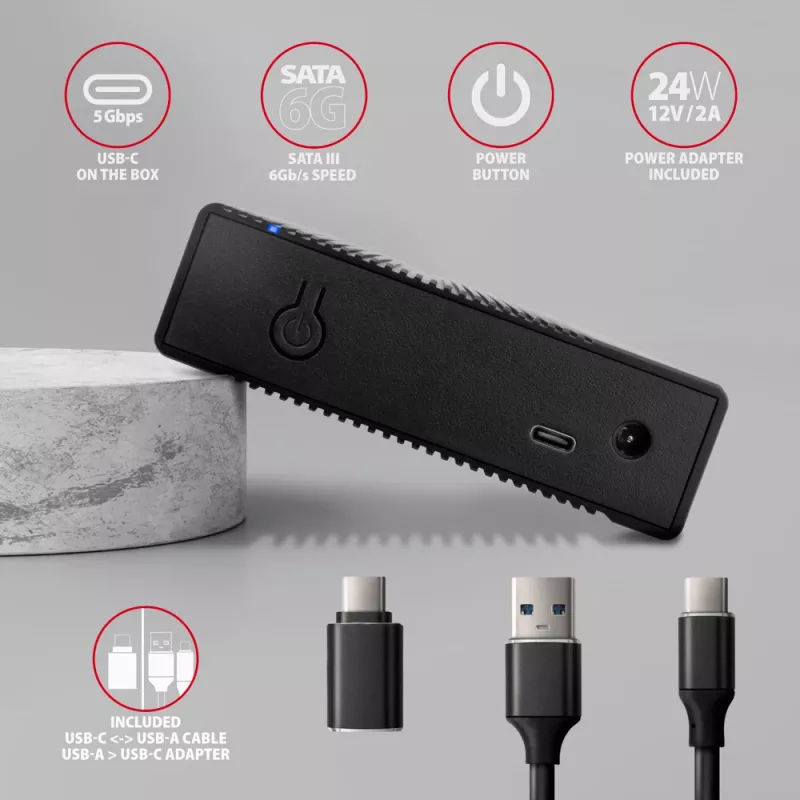 Axagon EE35-GTR USB-C 5Gbps - SATA 6G, 3.5 RIBBED box BLACK - USB Typ C HDD enclosure 3.5 inch