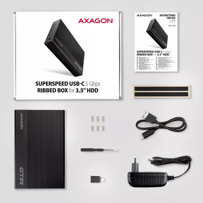 Axagon EE35-GTR USB-C 5Gbps - SATA 6G, 3.5 RIBBED box BLACK - USB Typ C HDD enclosure 3.5 inch