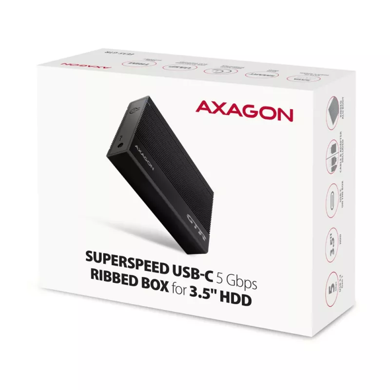 Axagon EE35-GTR USB-C 5Gbps - SATA 6G, 3.5 RIBBED box BLACK - USB Typ C HDD enclosure 3.5 inch