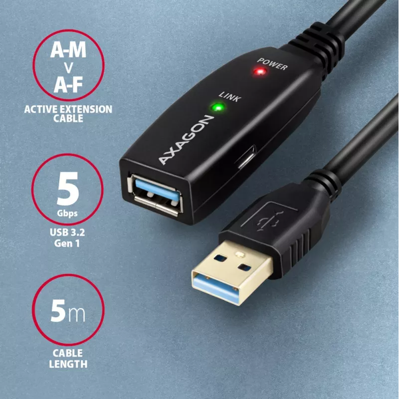 Axagon ADR-305 USB 3.2 Gen 1 A-M -> A-F aktywny kabel przedłużający/repeter 5m