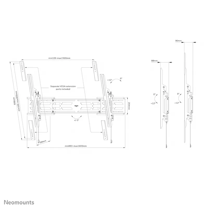 Neomounts WL35S-950BL19 Uchwyt ścienny heavy duty 55-115 cali - z regulacją pochylenia - zamykany - poziomo i pionowo
