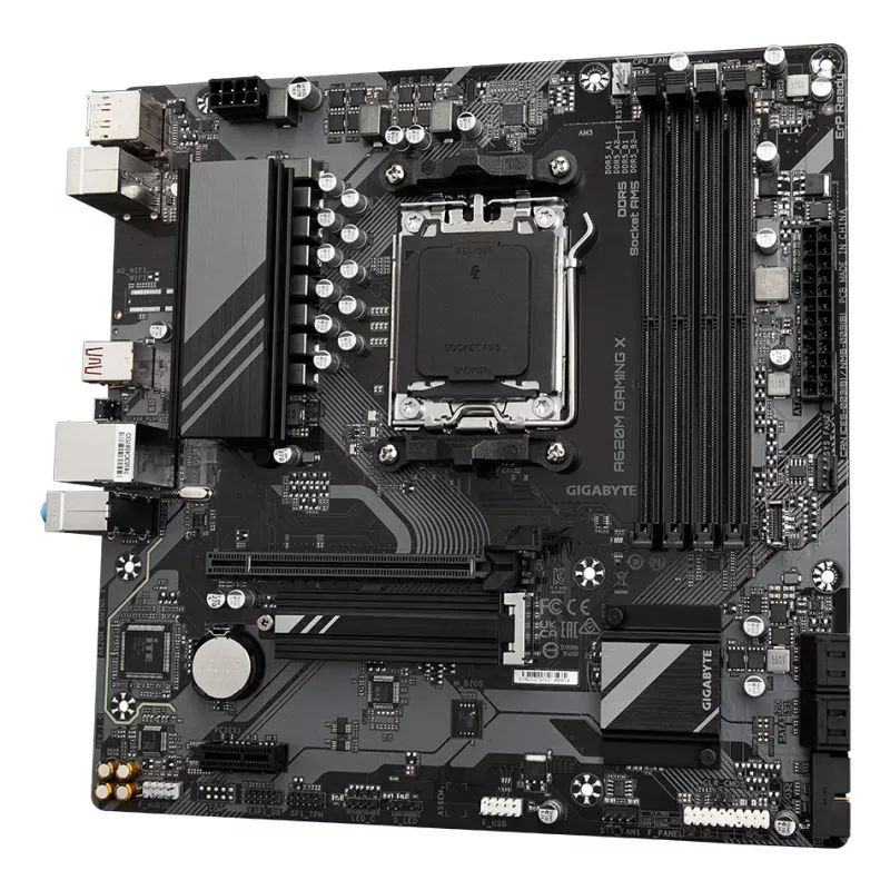 Płyta główna GIGABYTE A620M GAMING X - obsługa procesorów AMD Ryzen 8000, 8+2+1 fazowy cyfrowy VRM, do 8000 MHz DDR5 (OC), 1xPCIe 4.0 M.2, LAN GbE, USB 3.2 Gen 2