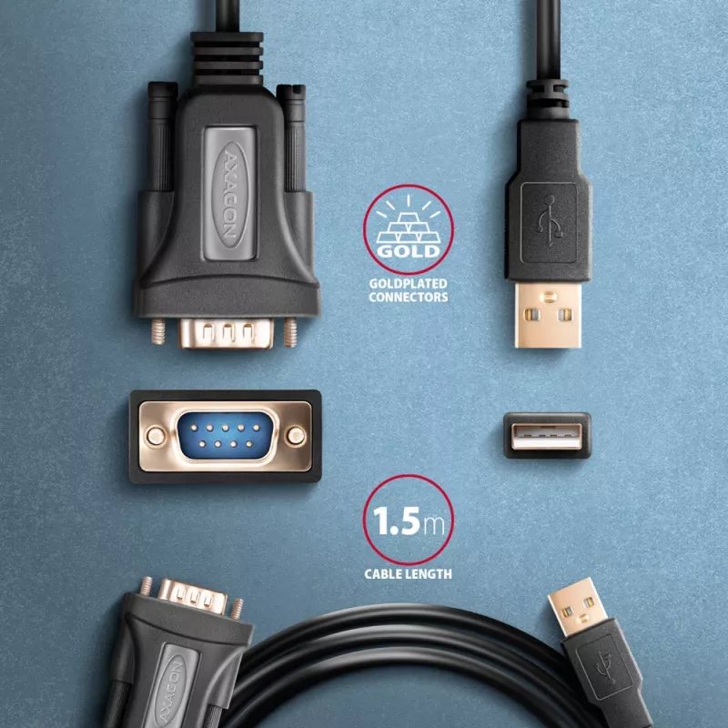 Axagon ADS-1PQN USB-A 2.0 - szeregowy adapter kablowya RS-232 DB9-M FTDI