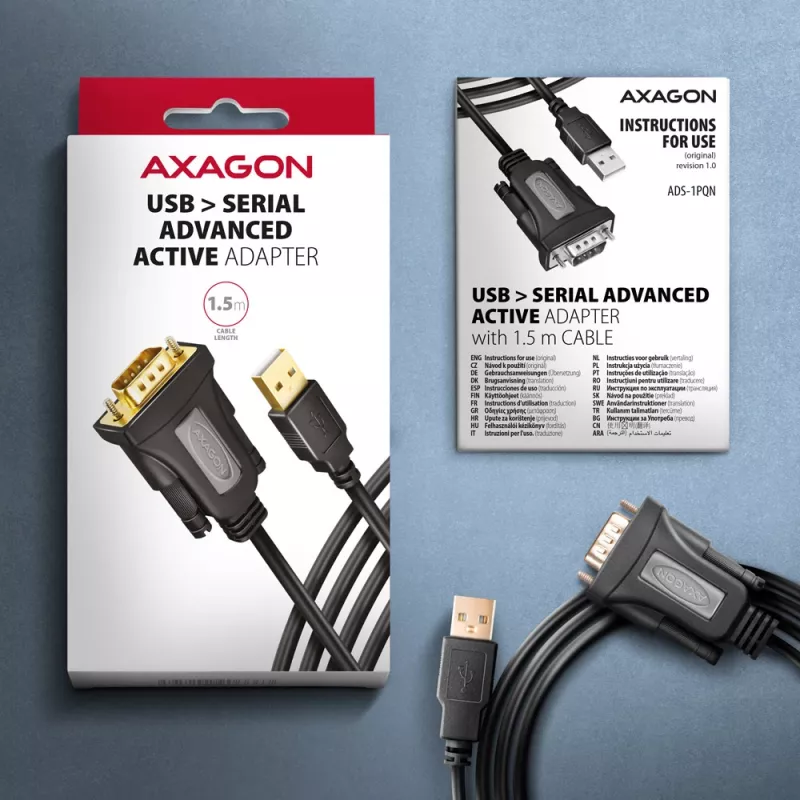 Axagon ADS-1PQN USB-A 2.0 - szeregowy adapter kablowya RS-232 DB9-M FTDI