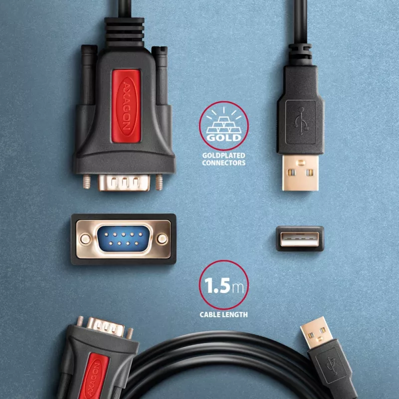 Axagon ADS-1PSN USB-A 2.0 - szeregowy RS-232 DB9-M adapter kablowya Prolific 1,5 m