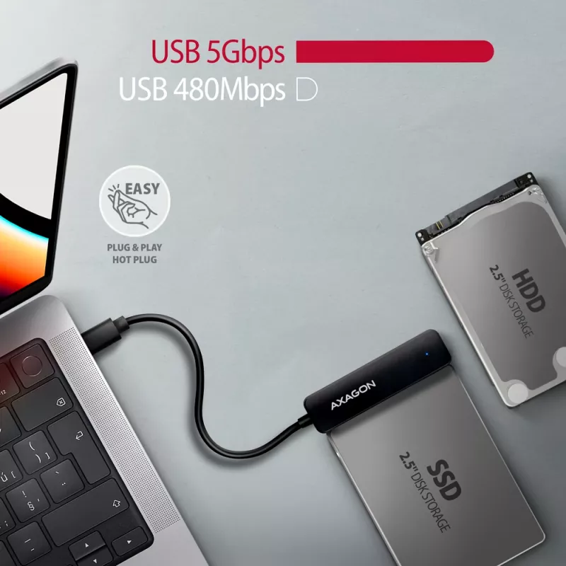 Axagon ADSA-FP2C USB-C 5Gbps - SATA 6G, adapter SLIM 2,5 inch SSD/HDD - Adapter - Karty/Adaptery interfejsów cyfrowych/danych