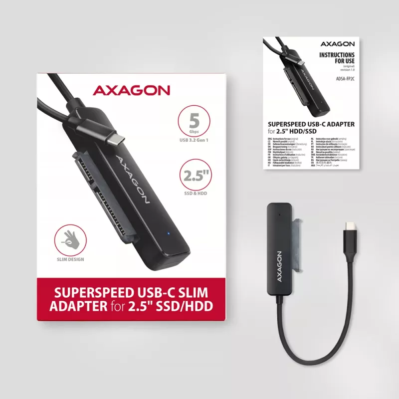 Axagon ADSA-FP2C USB-C 5Gbps - SATA 6G, adapter SLIM 2,5 inch SSD/HDD - Adapter - Karty/Adaptery interfejsów cyfrowych/danych